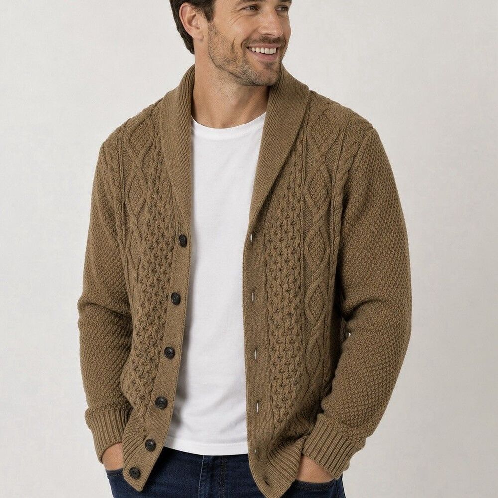 GAP Mens Small Brown Cable Knit Shawl Collar Cardigan Sweater Button Cotton